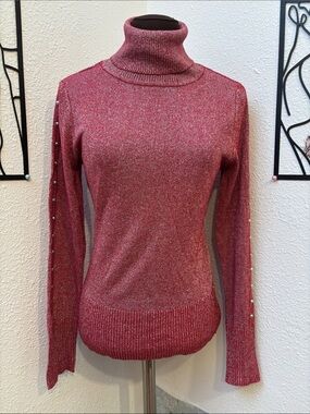 D&G red and silver metallic shimmer long sleeve mock neck knit sweater. Size S